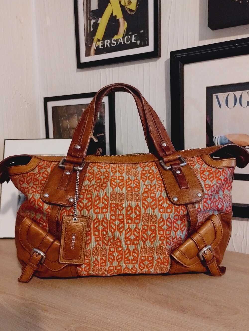 DKNY Vintage Equestrian Style Saddle Pocket Signature Monogram Satchel